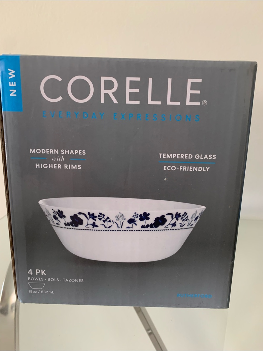 Corelle White Bowls with Navy Floral Border - 4 Pack